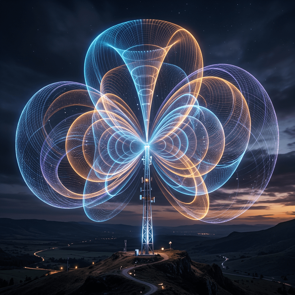 Transmission tower with colorful, glowing signal wave patterns radiating outward.
